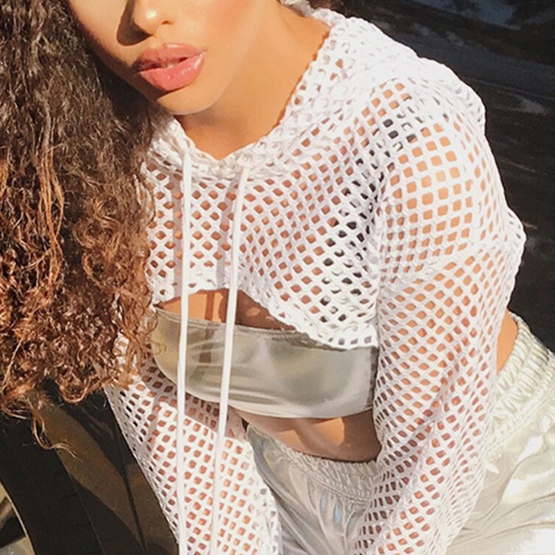 Áo Croptop Lưới Tay Dài Màu Sắc Neon Thiết Kế Dây Rút Thời Trang Cho Nữ