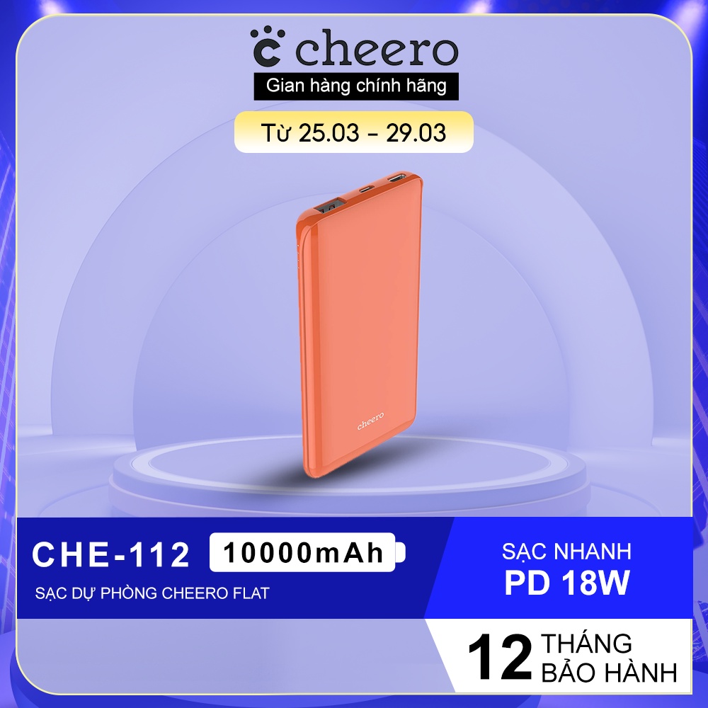 Pin Sạc Dự Phòng Sạc Nhanh Chuẩn Nhật CHEERO Flat 10000mAh Power Delivery 18W CHE-112 - Hàng Chính Hãng