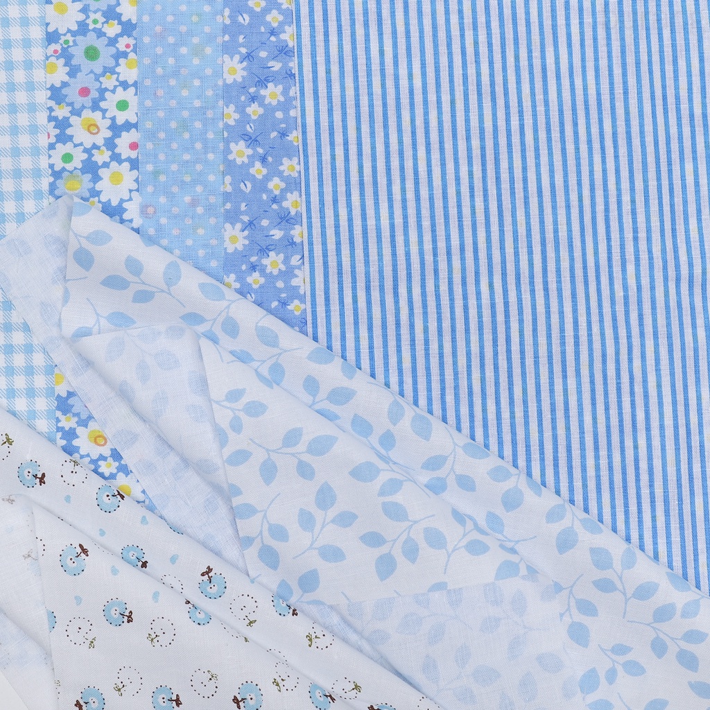 7 Tấm vải cotton họa tiết hoa màu xanh dương dùng để may đồ diy