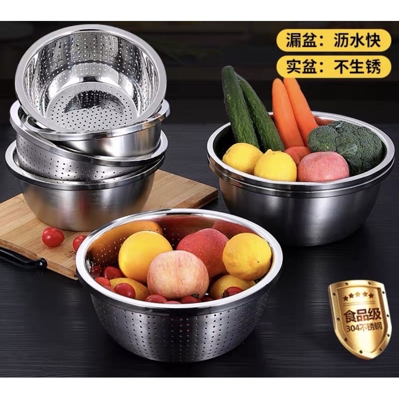 Bộ chậu kèm rổ inox Sus304, bộ chậu rổ, giá vo gạo dày đẹp hàng cao cấp loại 1