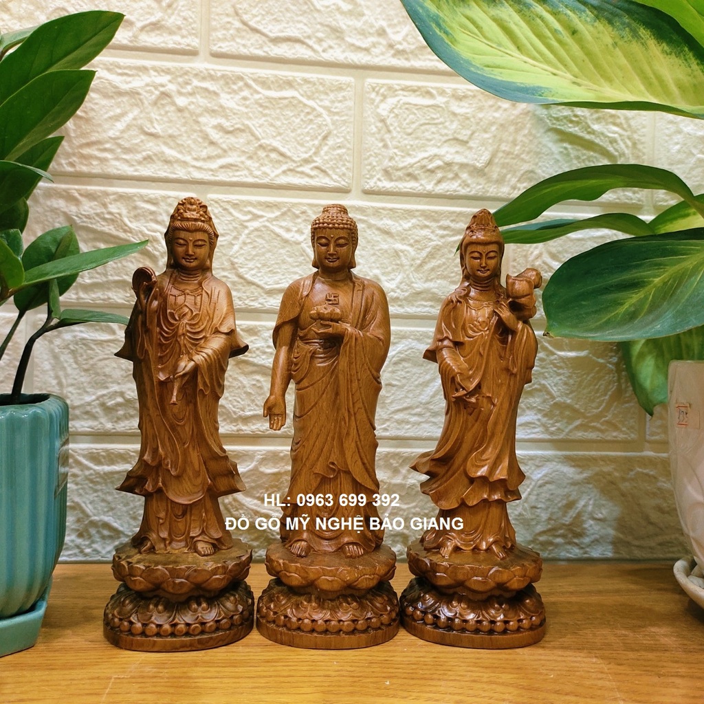 Bộ tượng tây phương tam thánh gỗ thơm cao 20 cm