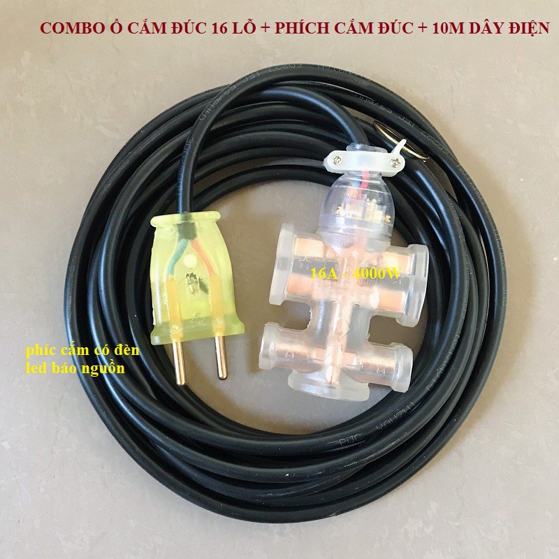 Dây điện 10m kèm Ổ cắm,Phích cắm đúc cao su mềm Chịu tải,Chịu va đập 16A/4000w