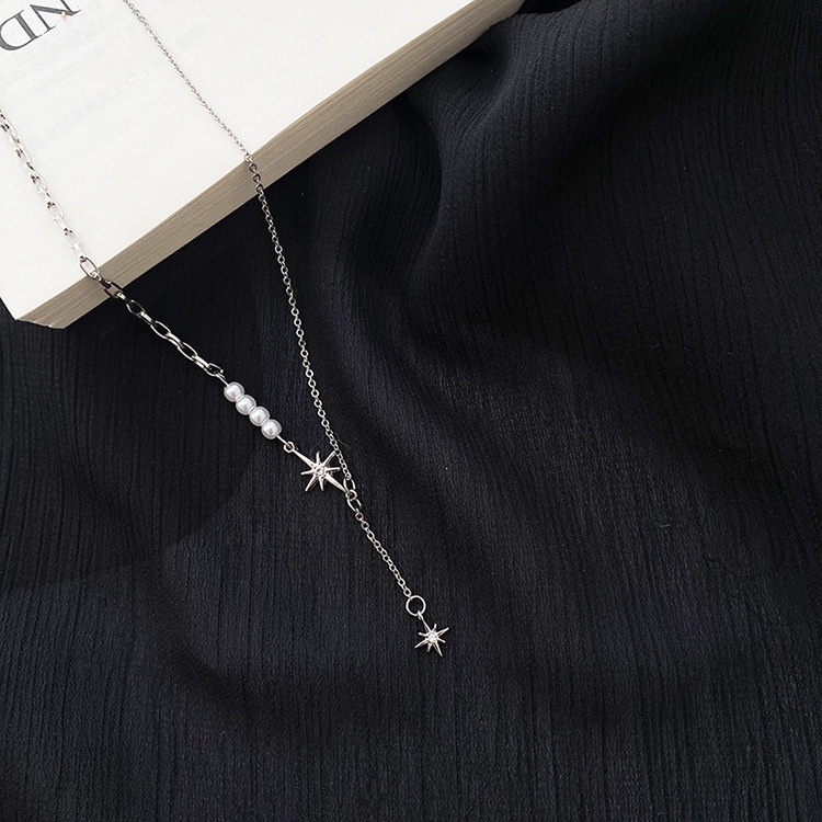 Vòng cổ choker bạc dây xích bất đối xứng gắn hạt trai mặt ngôi sao VC001 Leous Accessories