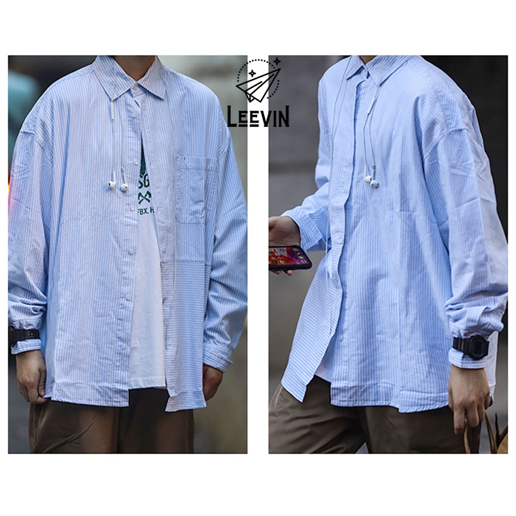 Áo Sơ Mi Nam Kẻ Xanh Form Rộng Dài Tay Hàn Quốc Kiểu Sơ Mi Kẻ Sọc Nam Form Rộng Bigsize Unisex Công Sở Leevin Store