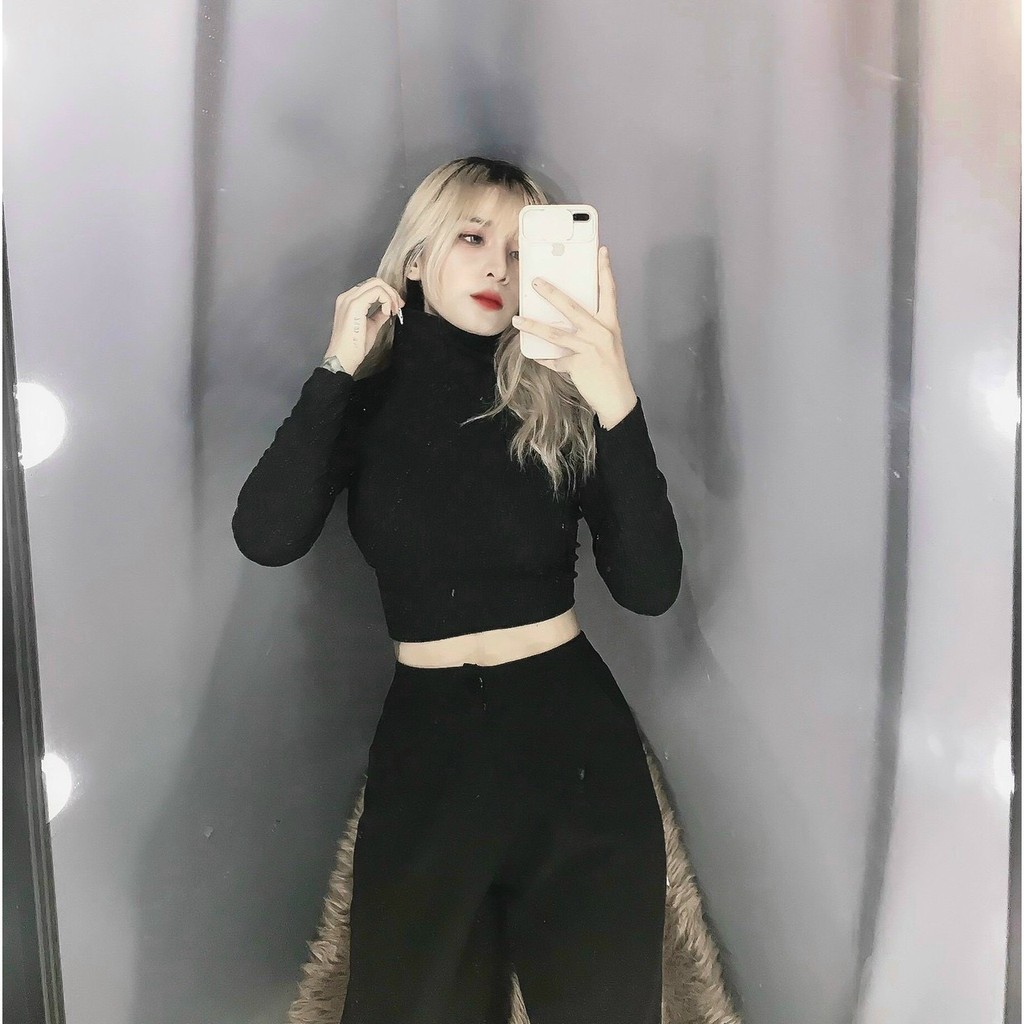 Áo cổ lọ croptop tay dài trơn cực xinh , chất thun gân mềm mịn mát