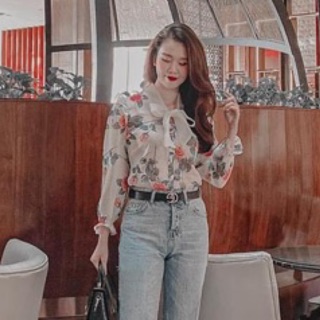 Áo sơ mi voan lụa hoa bồng cổ nơ