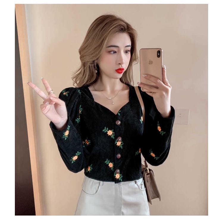 Áo sơ mi vải nhung tay dài phồng cổ chữ V in họa tiết hoa phong cách cổ điển thời trang mùa thu 2021