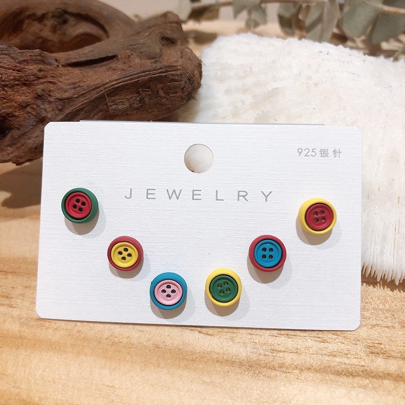 [WHOLESALE] [6Pcs Set Women Fashion Cute Cartoon Candy Color Button Bear Flower Mickey Stud Earrings ] [Ladies Elegant Studs Earrings] [Korean INS Simple Style Bridal Wedding Party Ear Jewelry]