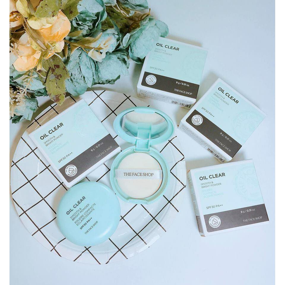 Phấn phủ kiềm dầu siêu mịn cho da hỗn hợp da dầu trang điểm The Face Shop Oil Clear Smooth & Bright Powder 9g