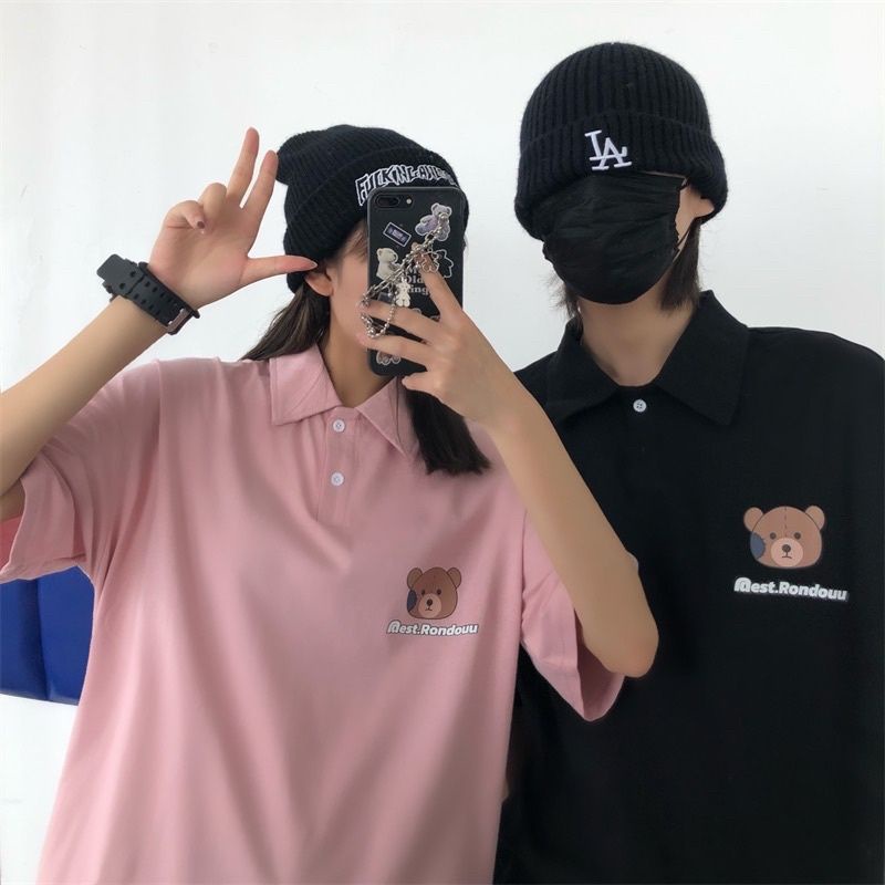 Áo Polo Tay Lỡ Nam Nữ In Hình Mặt Gấu Oversize Form Rộng Unisex