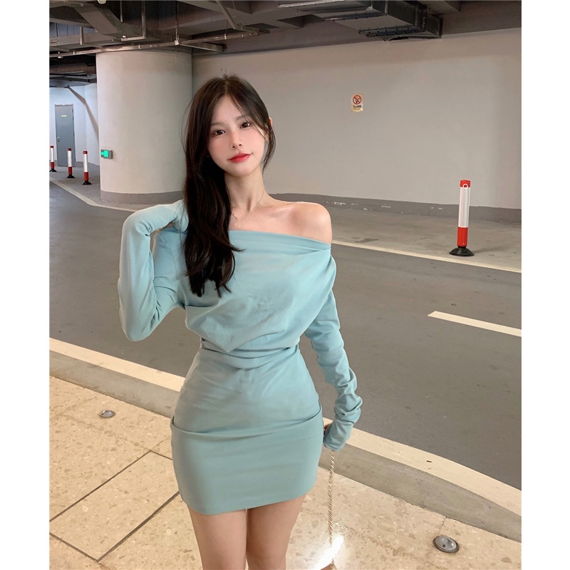 Đầm ôm body bẹt vai gợi cảm, váy trễ vai dài tay