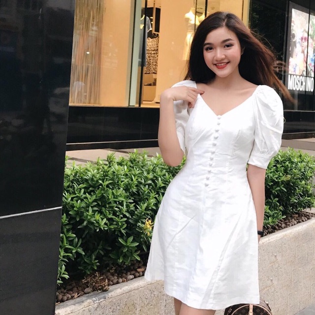 Đầm trắng tay phồng nút bọc (kèm hình thật) | BigBuy360 - bigbuy360.vn