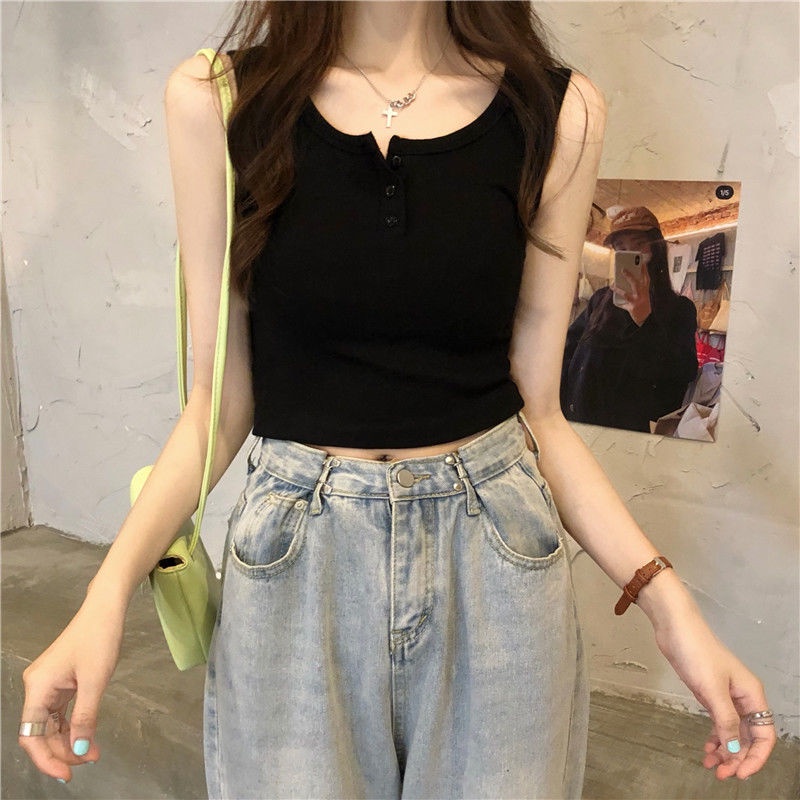 Áo Hai Dây Cài Nút Dáng Ngắn Thời Trang Mùa Hè Xinh Xắn Cho Nữ