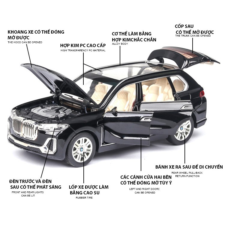 Xe mô hình BMW X7 thân xe bằng hợp kim, mở 6 cánh cửa, tỉ lệ 1:24