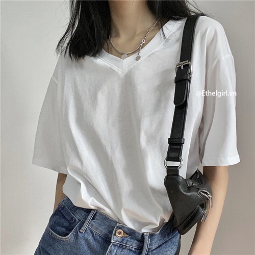 Áo Thun Tay Ngắn Cổ Chữ V Màu Trơn Dáng Rộng Thời Trang Cho Nữ