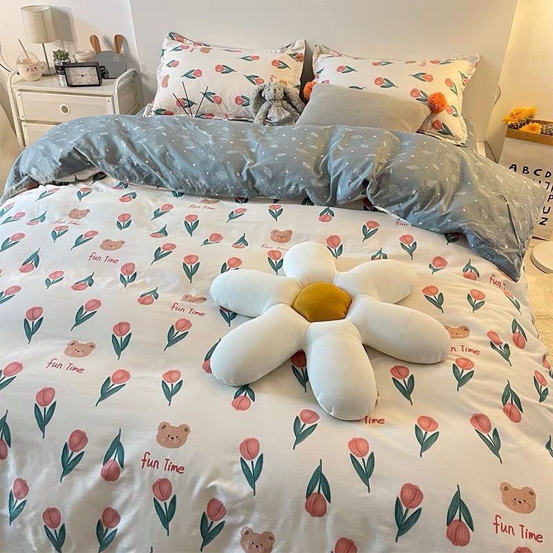 Bộ chăn ga gối hoa Tulip Cotton Poly nhập khẩu, chăn ga Hàn Quốc, miễn phí bo chun drap ga giường theo yêu cầu