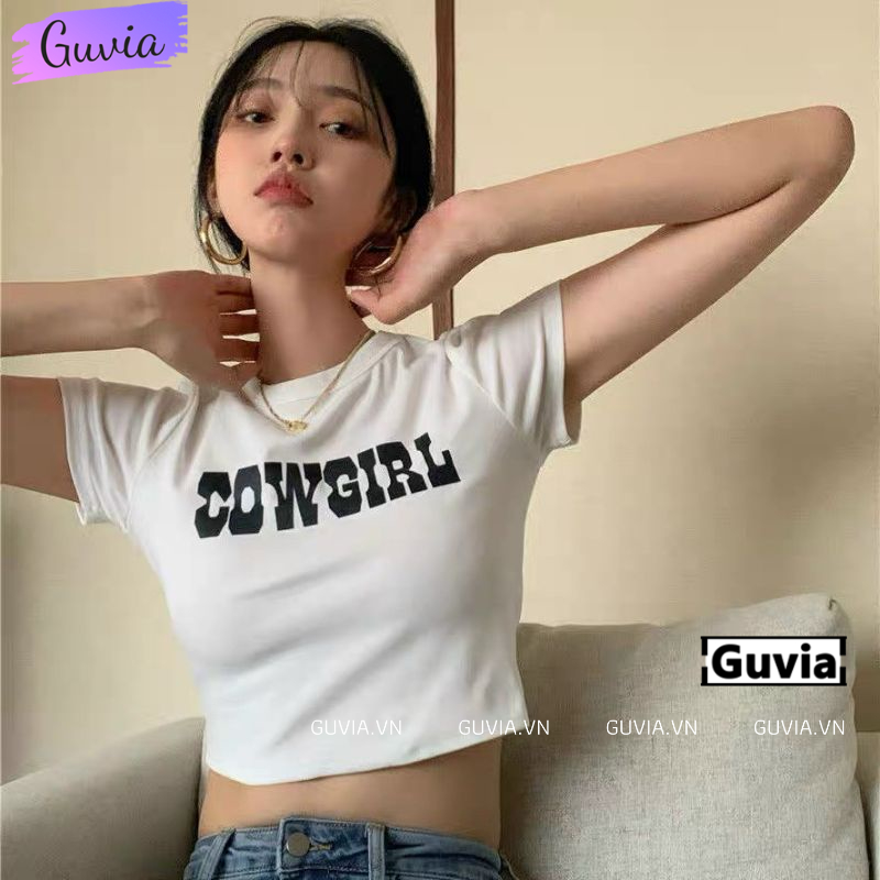 Áo Croptop Ôm Body Nữ COWGIRL Cổ Tròn Tay Ngắn, Áo Thun Croptop Kiểu In Họa Tiết GUVIA CR81