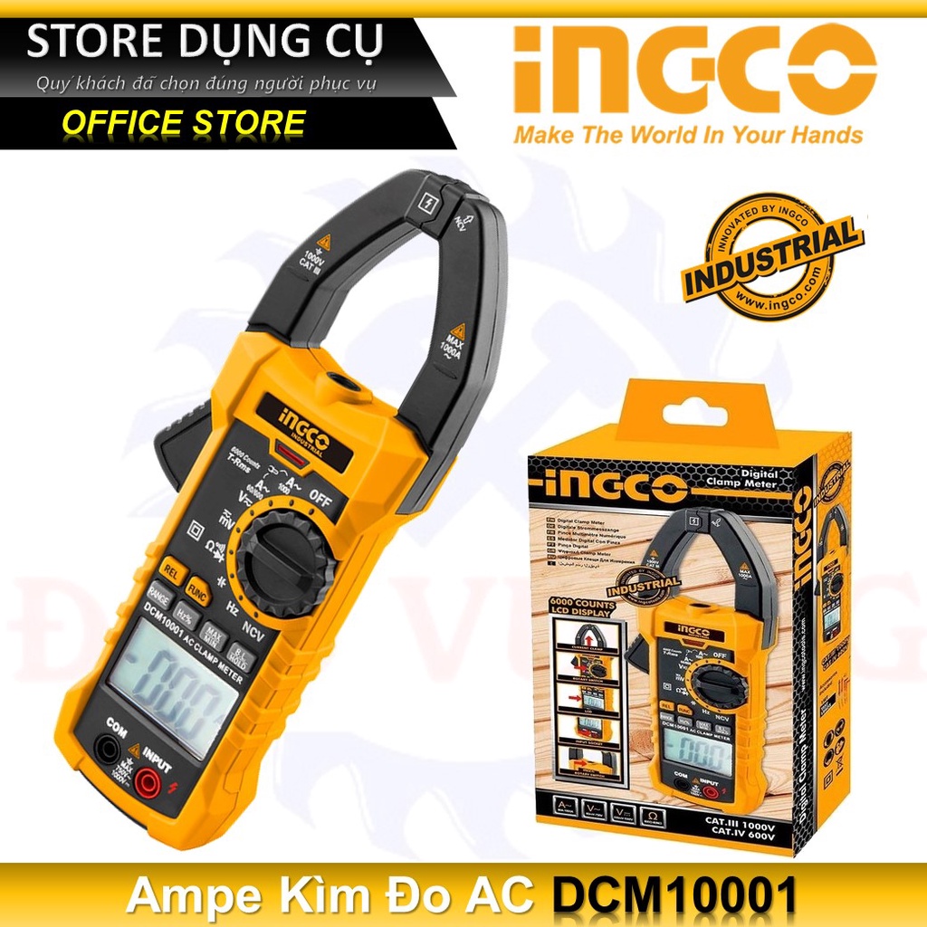 Ampe kìm INGCO DCM10001 | ampe kẹp AC kỹ thuật số Dòng điện AC 60A/600A/1000A, Có màn hình điện tử LCD đồng hồ vạn năng
