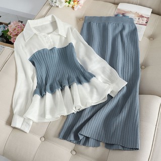 Bộ đồ hai mảnh mùa thu S-xl👗👗Bộ đồ Hàn Quốc chính hãng Áo sơ mi chắp vá hai mảnh giả + Váy dệt kim Bộ đồ xẻ tà Váy ôm hơn