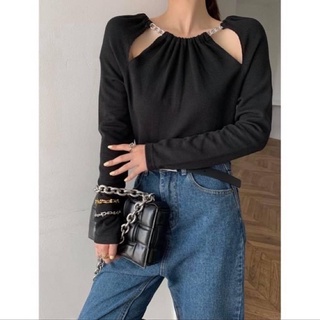 Áo kiểu tay dài nữ dây xích yếm cổ cut out khoét vai len gân trơn ôm sát body thiết kế - Order taobao quảng châu