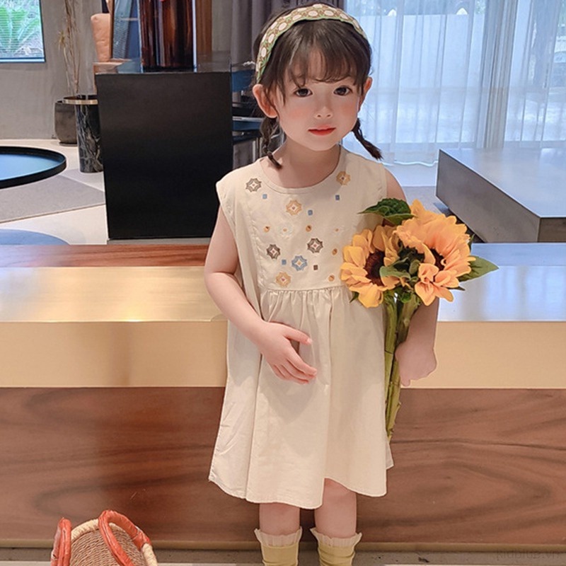 Đầm Sát Nách Cổ Tròn Thêu Hoa Dễ Thương Cho Bé Gái 3-8 Tuổi