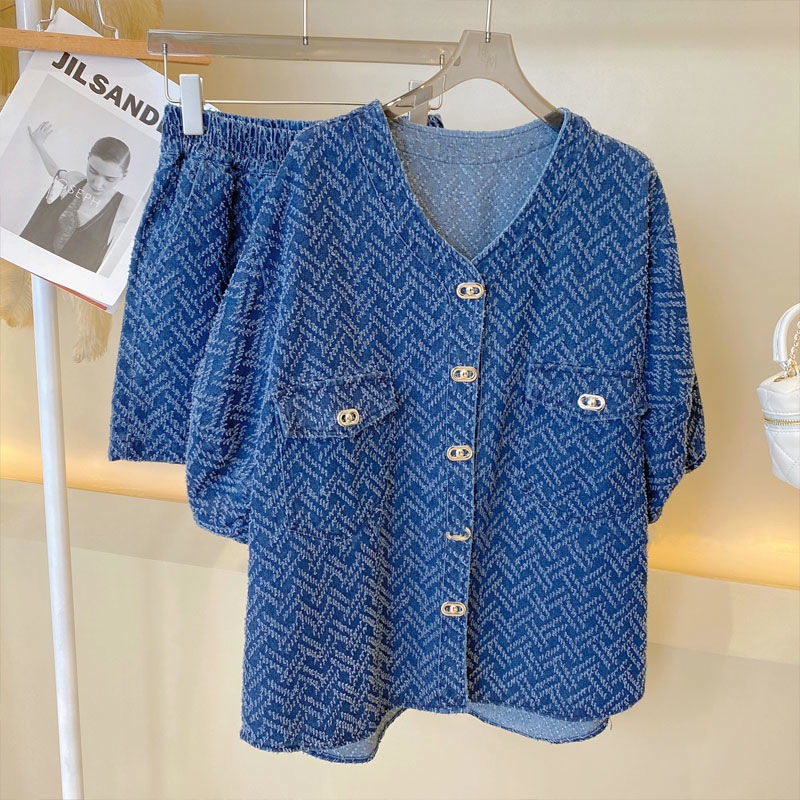 Set Đồ 2 Món Gồm Áo Sơ Mi Tay Ngắn Và Quần Short Denim Sang Trọng Cổ Điển Dành Cho Nữ