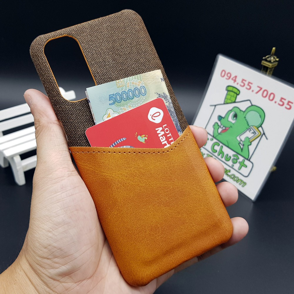 [Cao Cấp] Ốp Lưng OPPO Reno4 Vải Fabric Phối Da Nhét Tiền Thẻ ATM