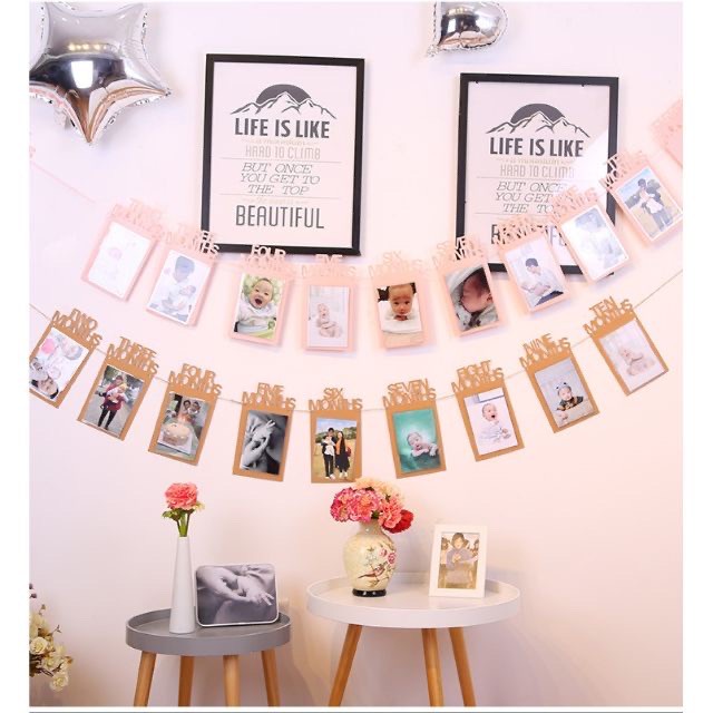 Dây treo khung ảnh 12 tháng kèm in ảnh trang trí sinh nhật thôi nôi cho bé trai bé gái tặng kèm dây HAPPYKID DTKA