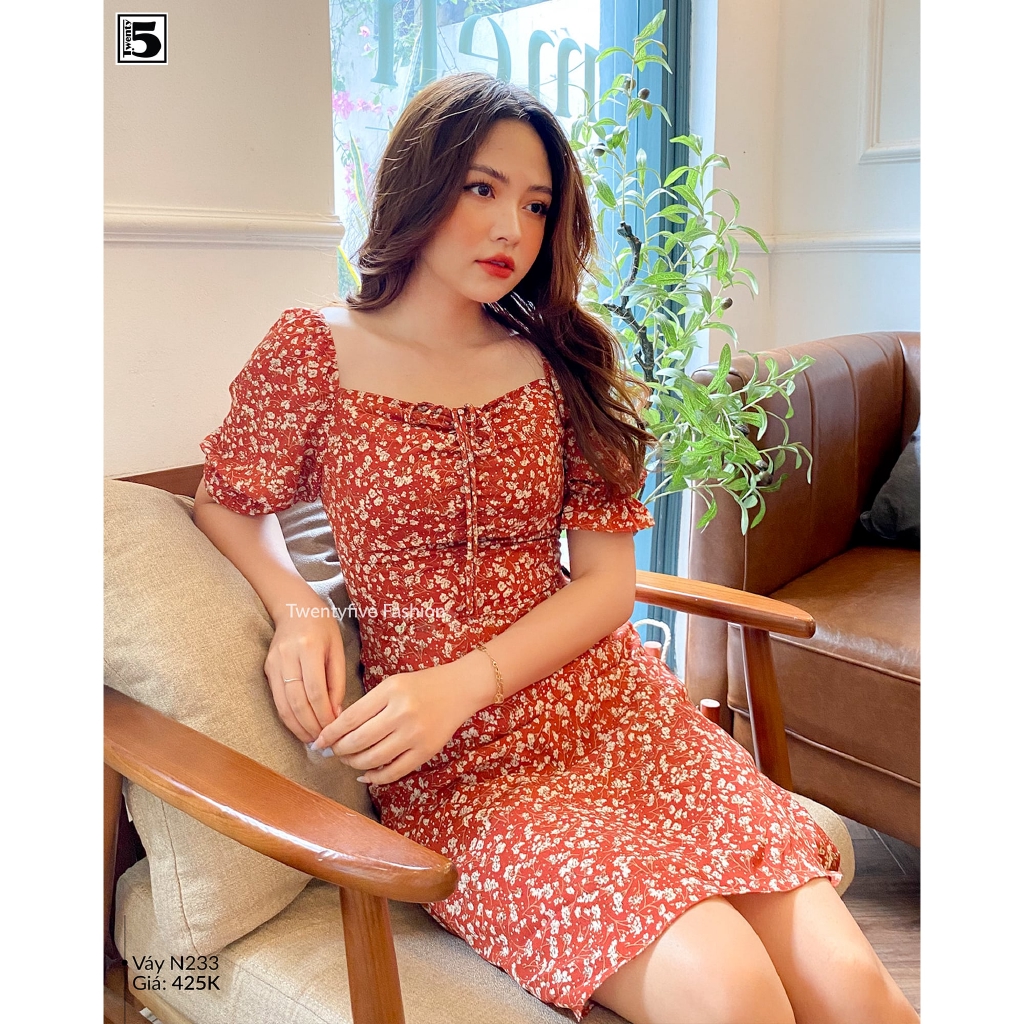 Đầm hoa nhí midi nhún ngực tay bồng bo chun 2 lớp Twentyfive N233