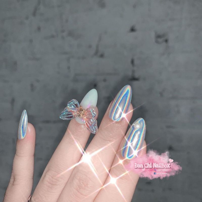 NailBox móng úp thiết kế sẵn Mẫu Tráng Gương Cầu Vồng Charm Bướm