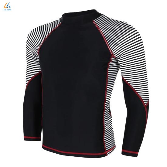 Bộ đồ bơi nam Lan Hạnh thân rời, áo tay dài quần shorts Đen sọc 21088-DE101