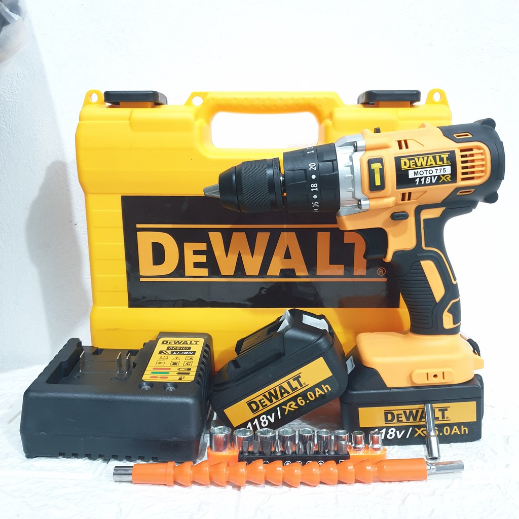 Máy Khoan pin Máy bắn vít DEWALT 118V 3 chức năng, CÓ BÚA, LÕI ĐỒNG, PIN KHỦNG 10 CELL tặng kèm 21 phụ kiện