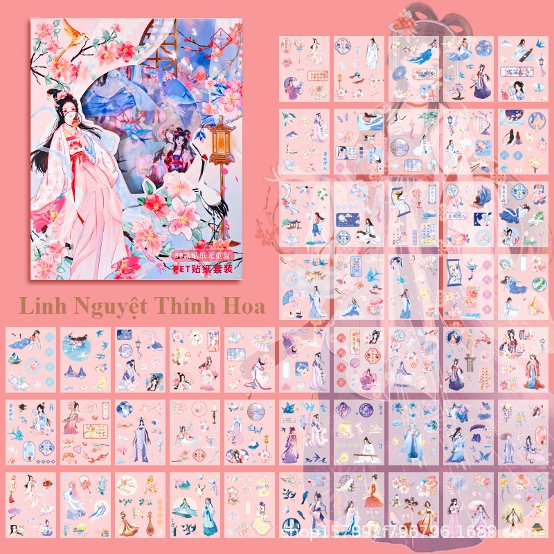 Bộ sticker cổ trang trong suốt 50 tờ - hình dán trang trí sổ tay