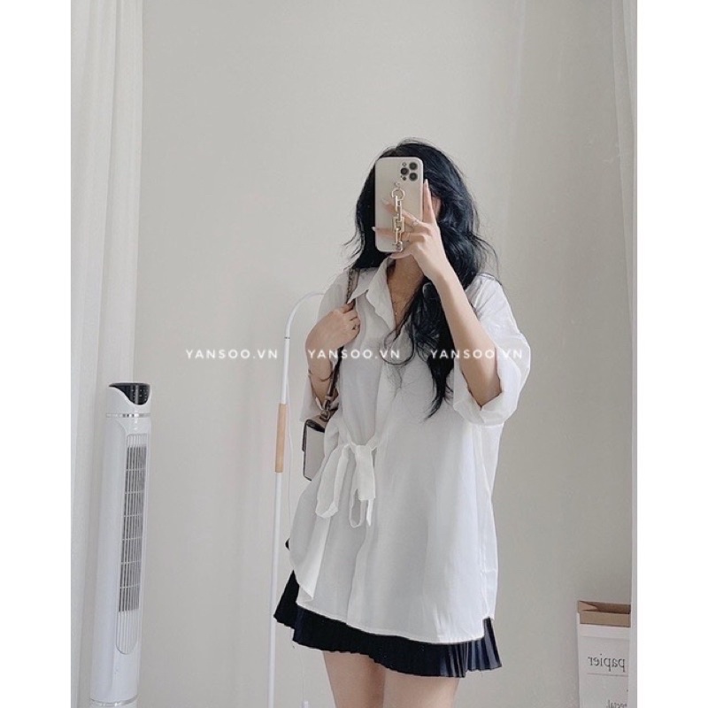 Áo somi nữ from rộng kiểu vạt lệch Hàn Quốc cổ đức, áo somi lụa tay dài không nhăn YANSOO