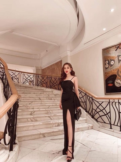 Đầm maxi body TRIPBLE T DRESS 2 dây xẻ đùi nhún bèo eo - size M/L - MS107V