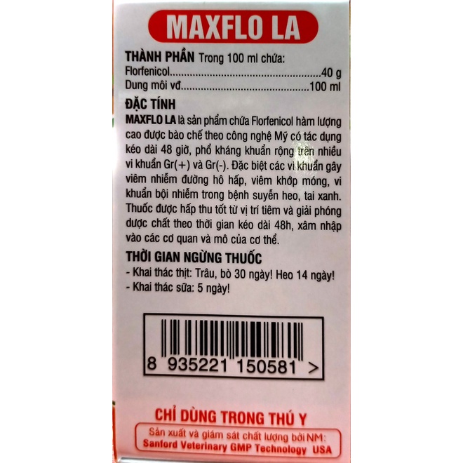 Suyễn Heo MAXFLO LA . Flor Fenicol 40% Hiệu quả sau 1 mũi.