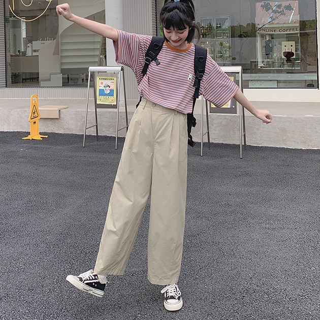 SUXI Áo Thun Tay Ngắn Cổ Tròn Dáng Rộng Họa Tiết Kẻ Sọc Màu Sắc Thời Trang Mùa Hè Xinh Xắn