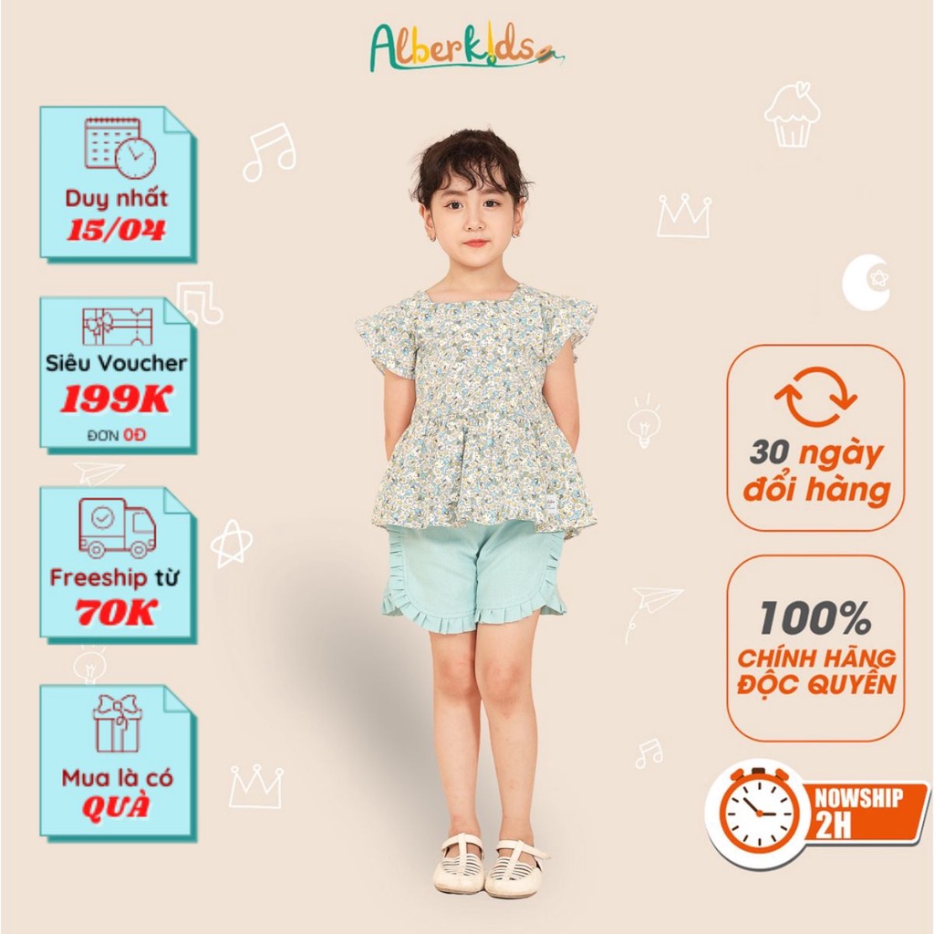 Đồ bộ cho bé gái ALBER KIDS họa tiết hoa nhí xanh chất liệu áo Thô quần Linen cho trẻ em từ 2 đến 12 tuổi [SA02]