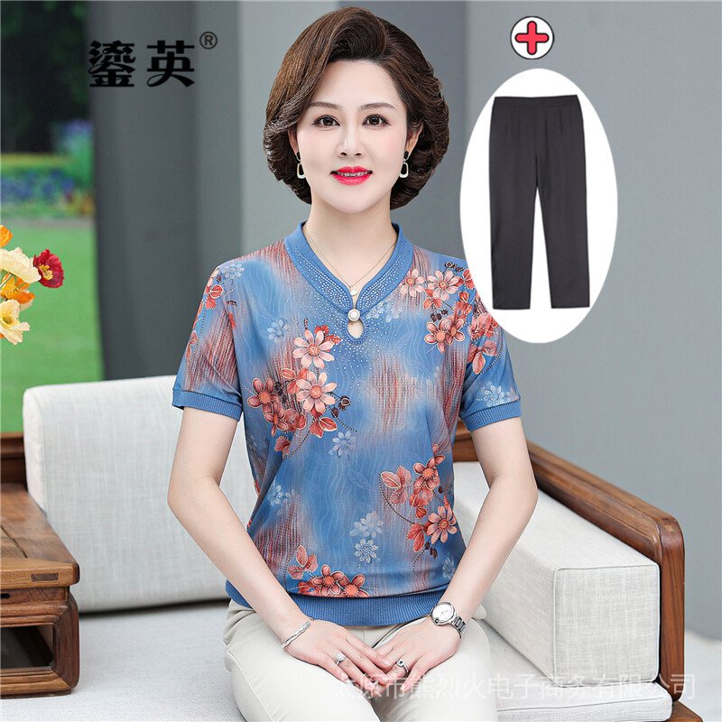 Áo Kiểu Sườn Xám Ngắn Tay In Họa Tiết Hoa Thời Trang Mùa Hè Hàng Mới Cho Phụ Nữ Trung Niên 40-50 Tuổi