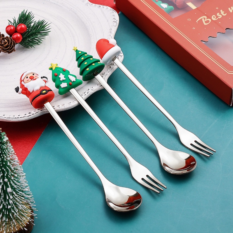 Bộ 2 Muỗng Nĩa Hình Ông Già Noel &amp; Ngôi Sao &amp; Nón Giáng Sinh &amp; Năm Mới