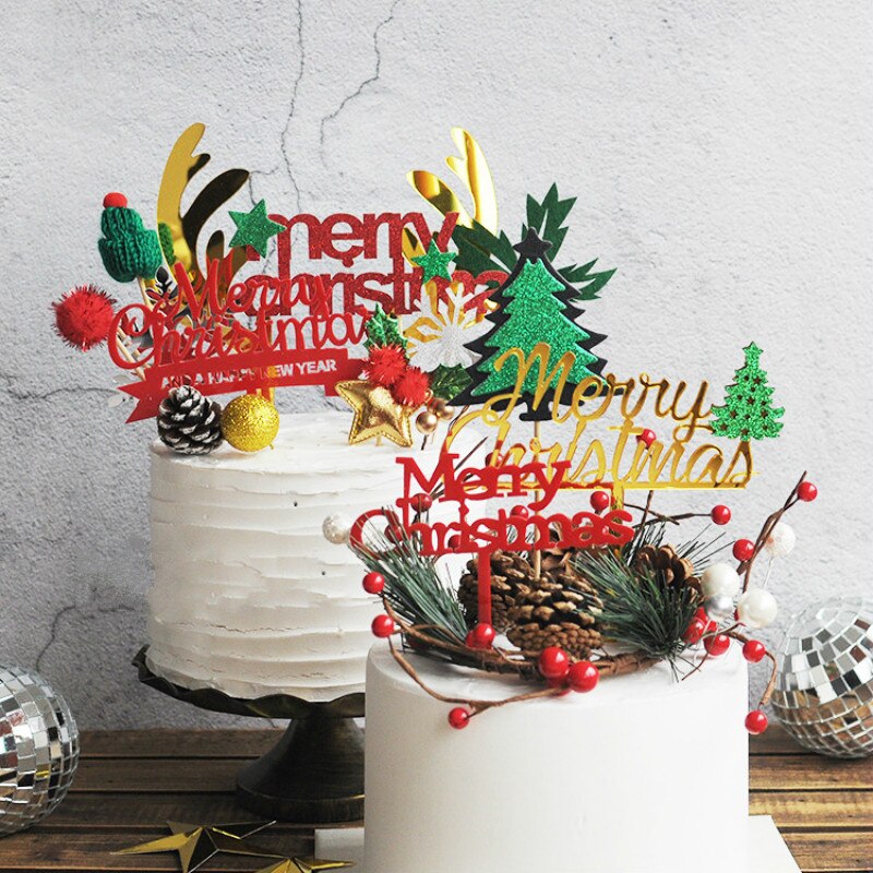 Acrylic Merry Christmas Tree Cake Topper Christmas Decorations for Home Happy New Year Tree Elk Xmas Party Supplies