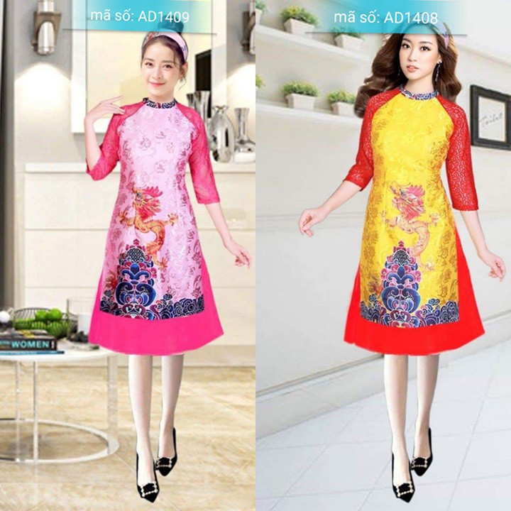 Set Áo Dài Cách Tân GẤM cổ trụ tay ren họa tiết rồng tết kèm váy