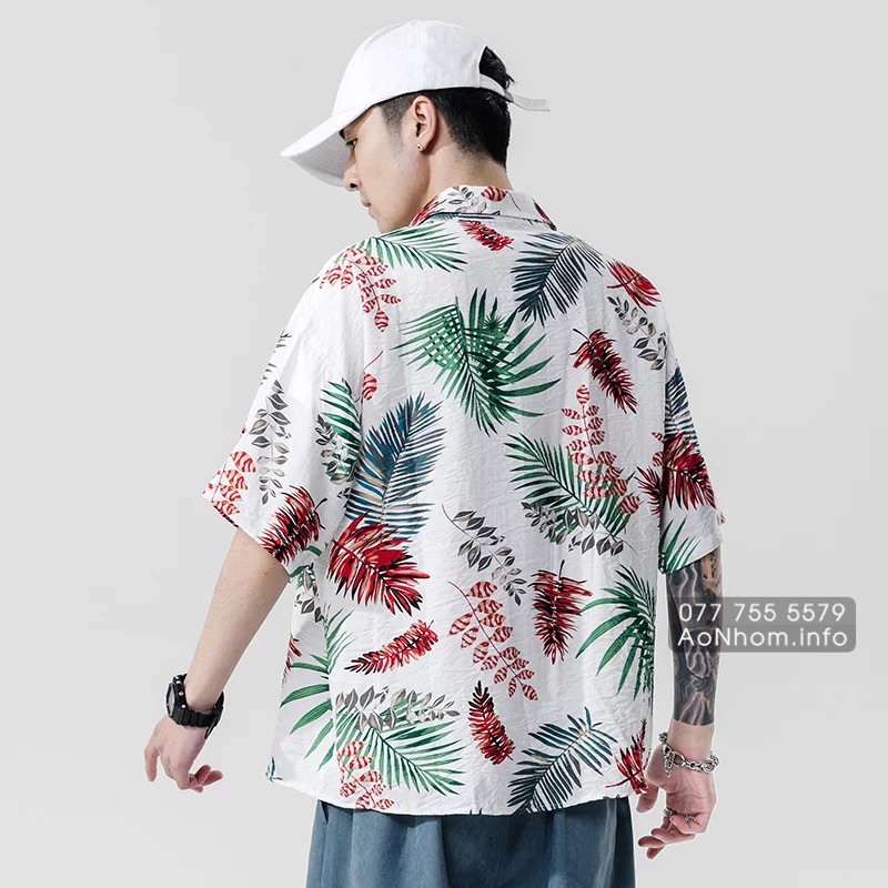 Áo Sơ Mi Hawaii Đi Biển Mềm Mát - Lá Đỏ Lá Xanh - Áo Đôi Đồng Phục Nhóm Lớp Team Building Hoạ Tiết Hoa Lá Trái Cây