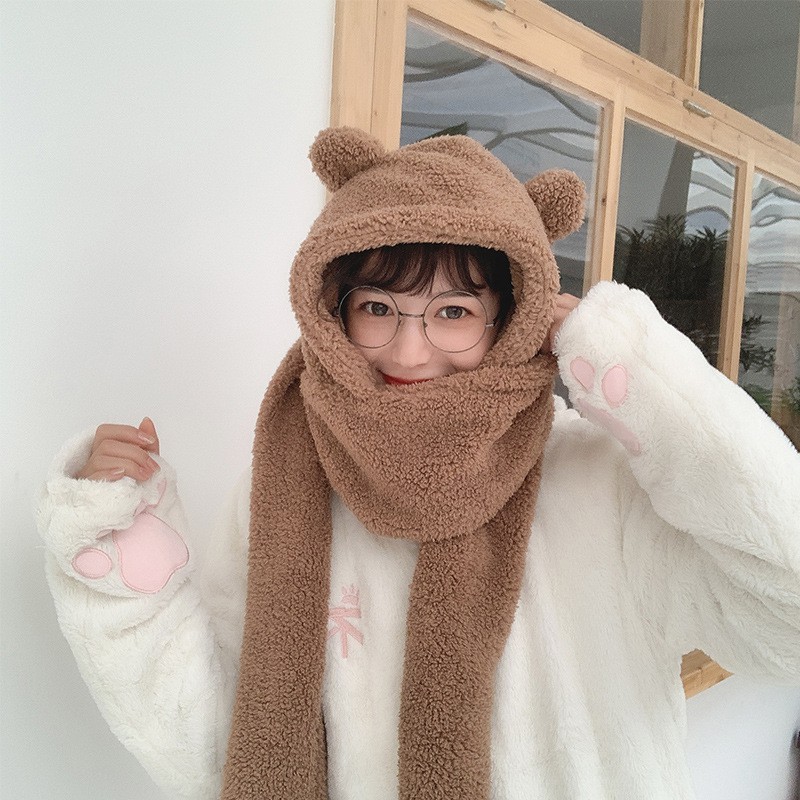 Mũ Len Lông cừu Tai Gấu Chụp đầu Giữ ấm Mùa Đông Dễ thương Ulzzang Hàn Quốc Mũ Tai gấu Chụp đầu Choàng cổ