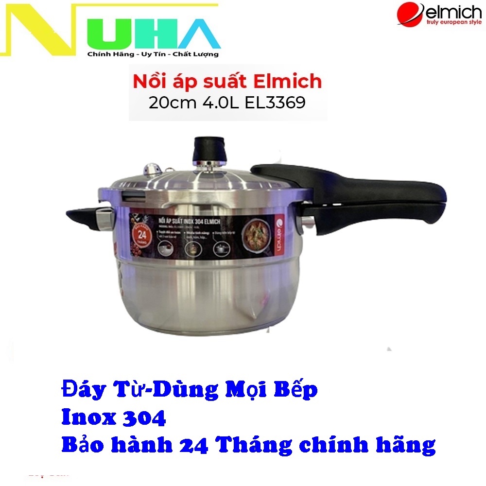 [Dùng Mọi Loại Bếp] Nồi áp suất đun ga đáy từ Elmich dung tích 4L, size 20cm, Inox 304, bảo hành 24 tháng