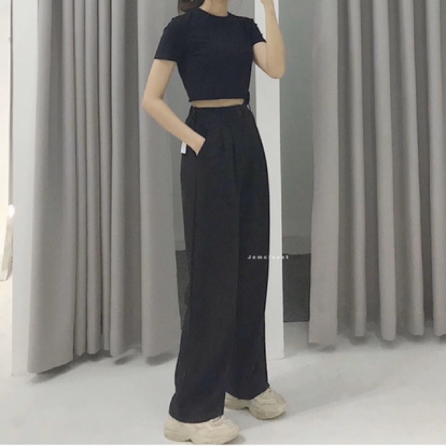 Quần dài ống rộng suông culotes màu đen chất cotton thái dày có túi - sau lưng quần phối chun co giãn