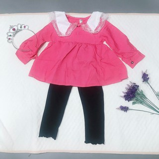 [SALE] Bộ Quần Áo Dài Tay Bé Gái  Kiểu Babaydoll Áo Đũi Cổ Phối Ren Và Quần Thun Ôm 8Kg Đến 22Kg(Màu Hồng)