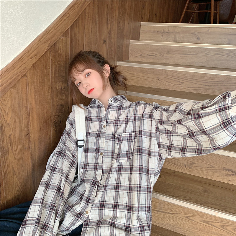 SUXI Áo sơ mi nữ dáng rộng kẻ sọc ca rô nhiều màu lựa chọn