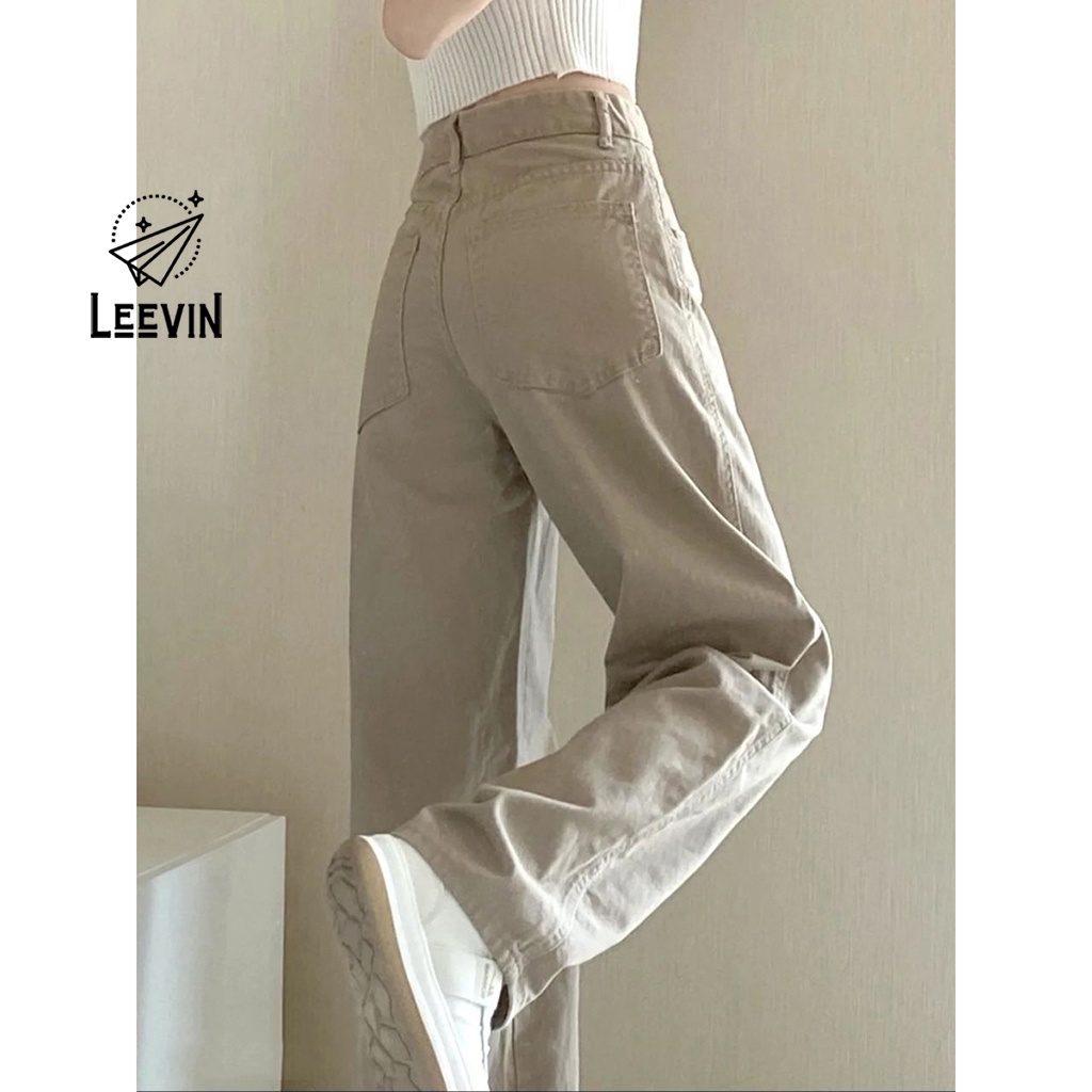 Quần Jean Ống Rộng Màu Be Lưng Cao Ulzzang - Kiểu quần bò nữ ống rộng baggy jeans cạp cao Leevin Store