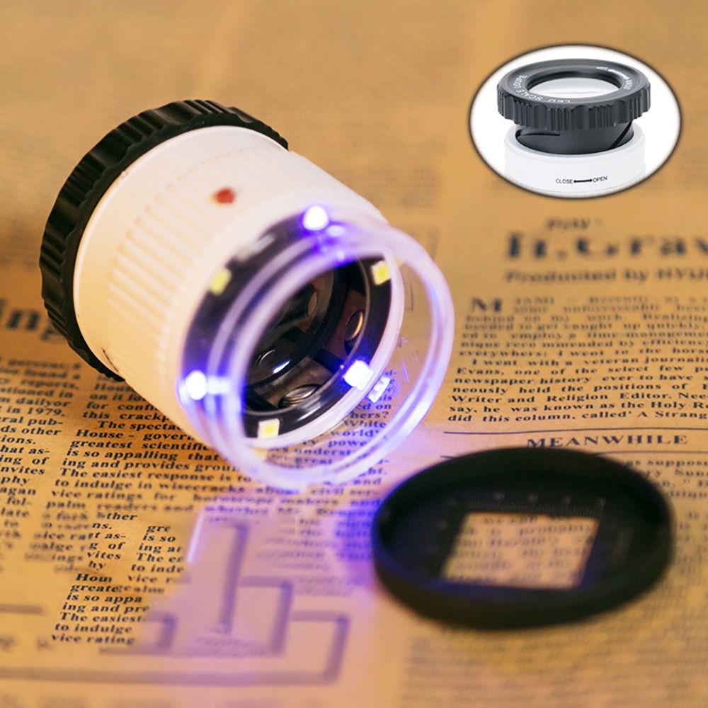 Kính lúp phóng to 30X kết hợp đèn LED UV hình trụ chỉnh được nhiều màu